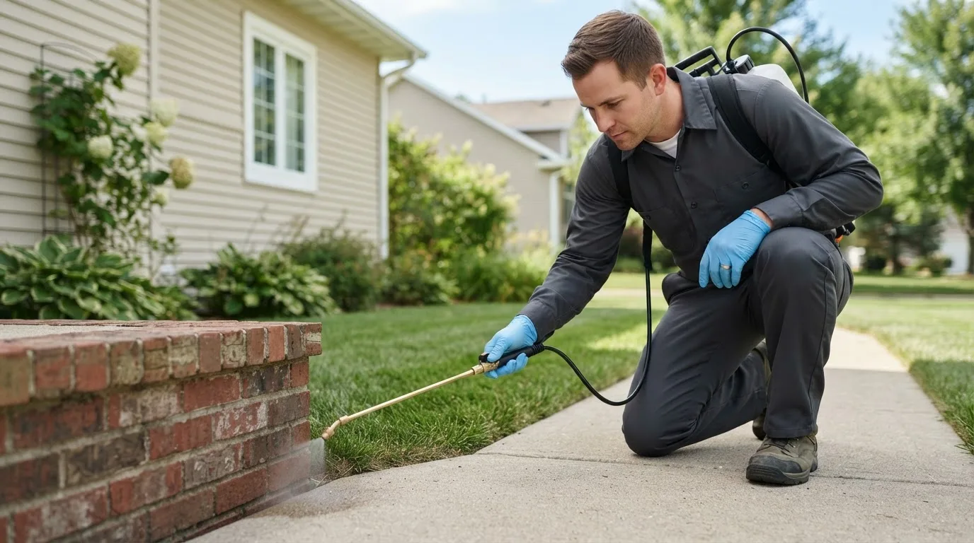 Pest control technician treating a home near West Chester, OH