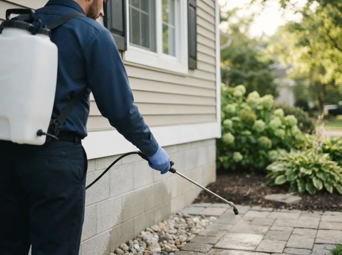 Pest control technician inspecting a home in West Chester, OH